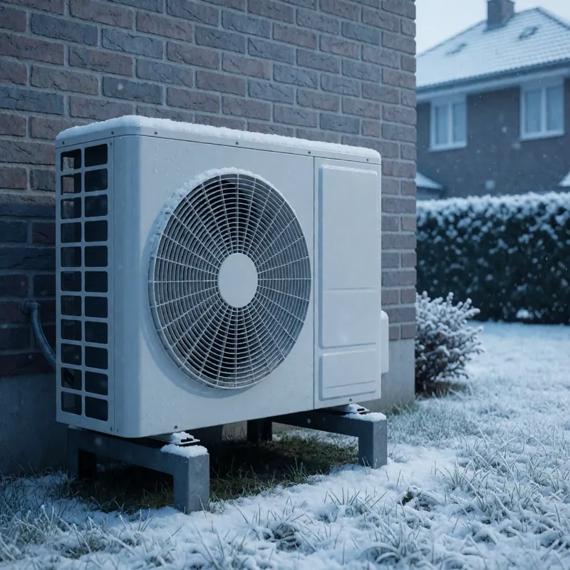 An outdoor heat pump unit at a Queens home in winter