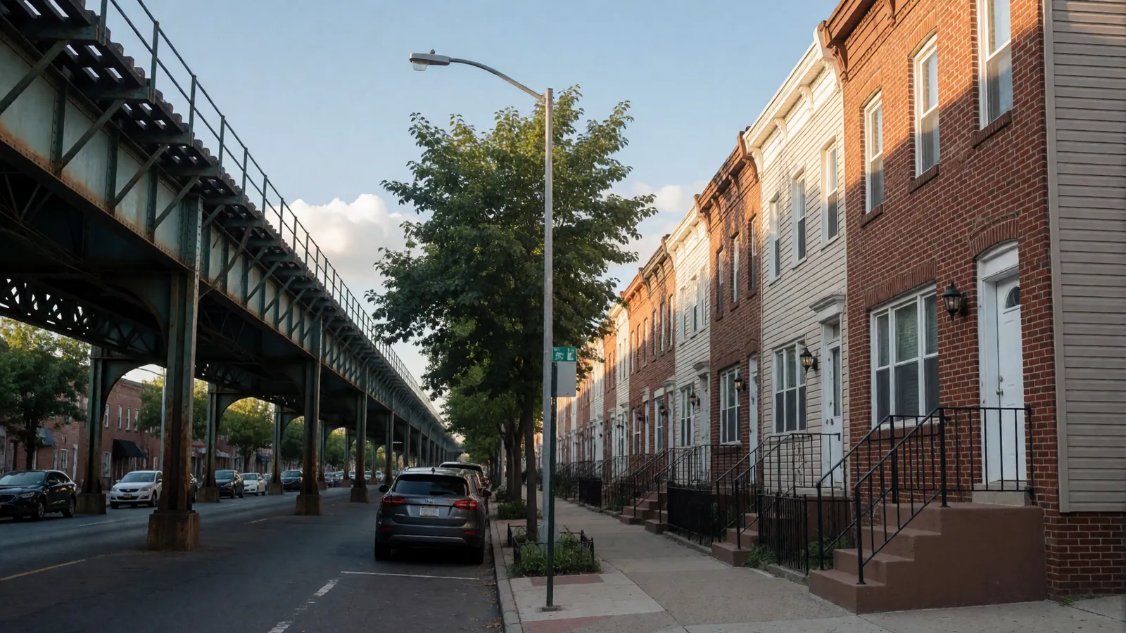 A residential street in Woodside, Queens, beneath the elevated 7 train